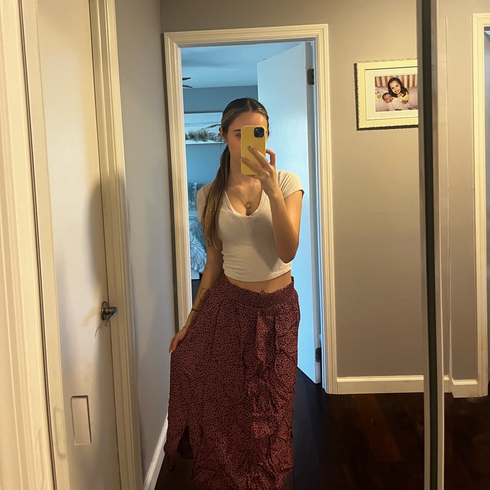 Dark Pink w/ Black Spots Midi Skirt